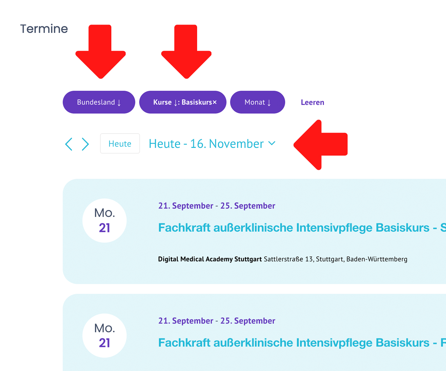 Screenshot: Termine-Übersicht mit verfügbaren Basiskursen