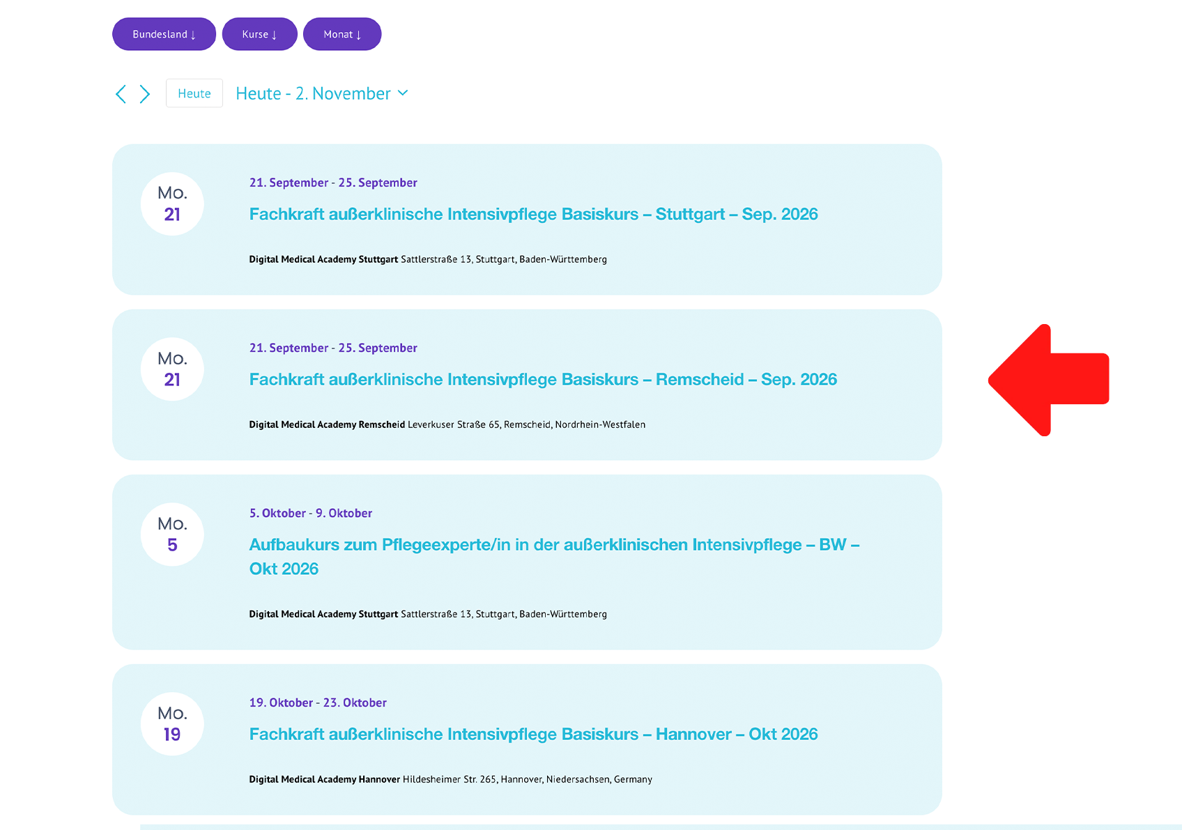 Screenshot: Liste passender Basiskurse mit Datum und Ort
