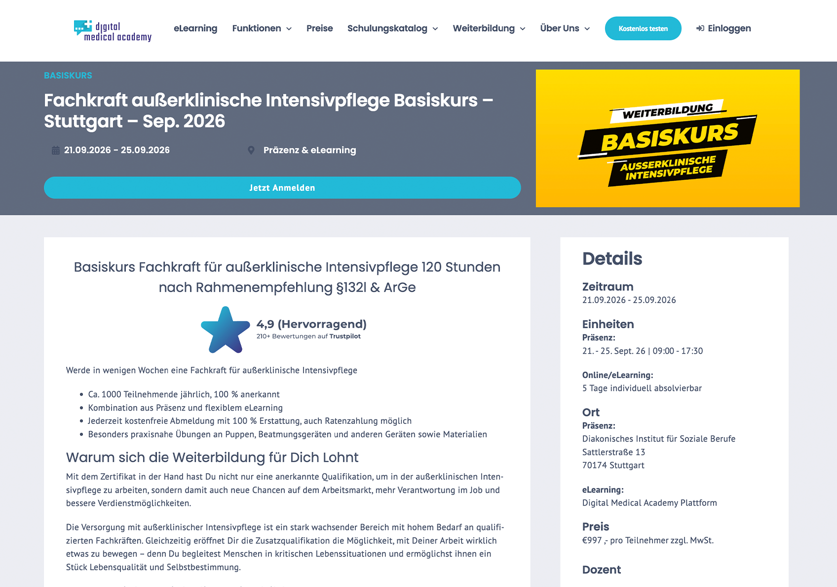 Screenshot: Detailansicht eines Basiskurses mit Termin und Ort